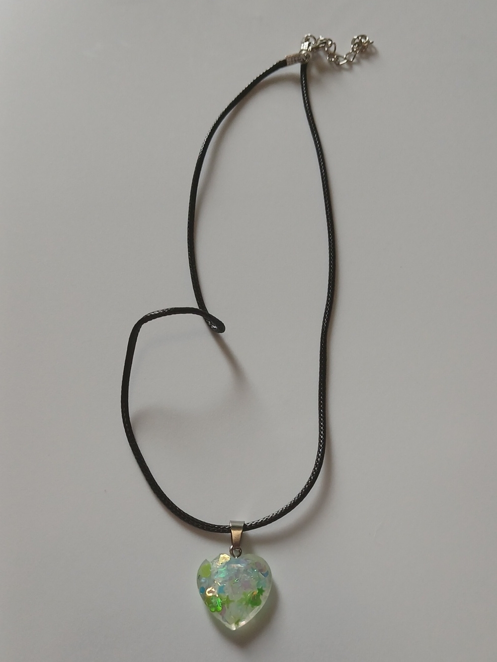 Fashion Jewelry Iridescent Green Heart Pendant on Black Cord